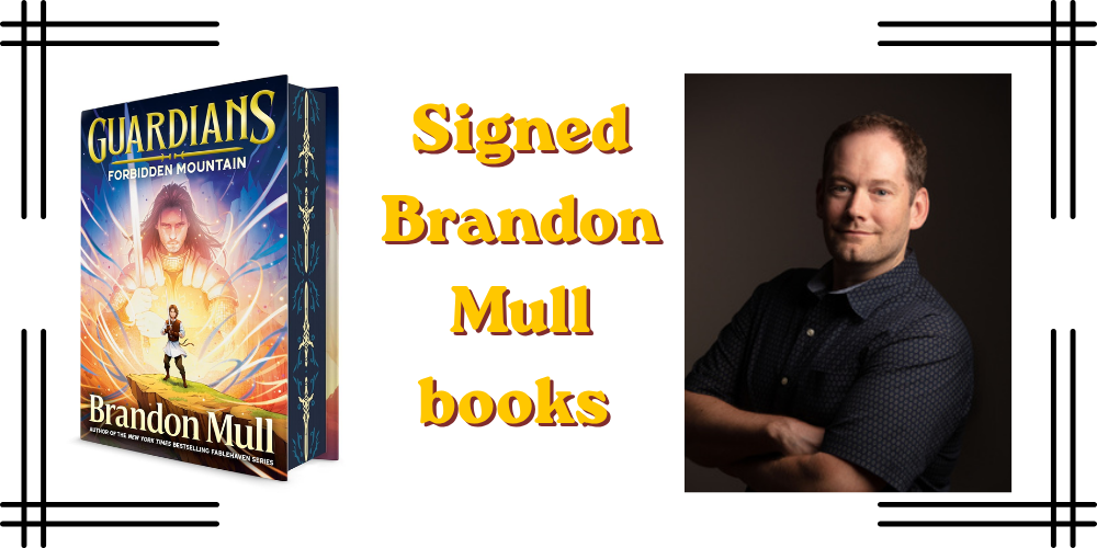 Signed Brandon Mull Books with a picture of Brandon Mull and the book, Forbidden Mountain, the first Guardians book.