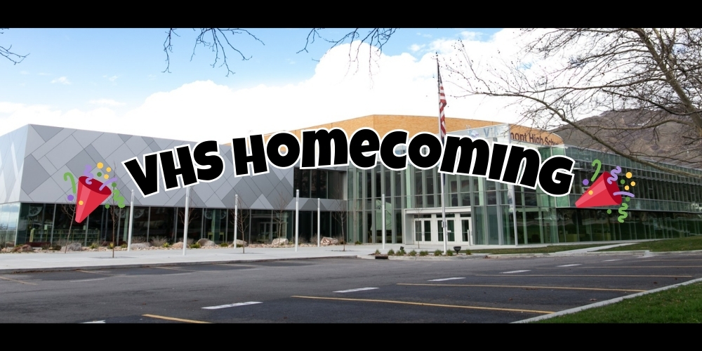 Exterior view of Viewmont High School with its modern glass and geometric building design. Across the center of the image, bold black text outlined in white reads ‘VHS Homecoming.’ On both sides of the text are colorful party popper emojis with confetti, giving the image a festive and celebratory feel.
