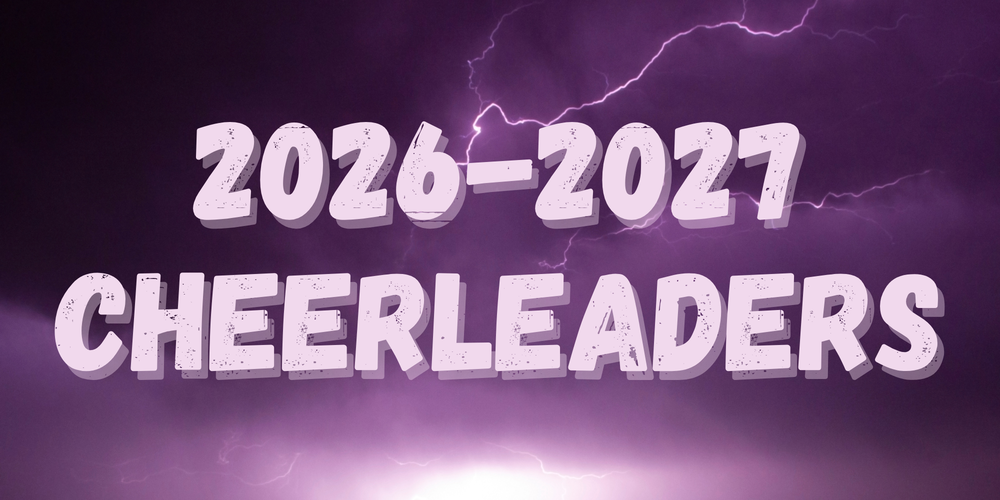 2026-2027 Cheerleaders with purple and black background with white lightning.
