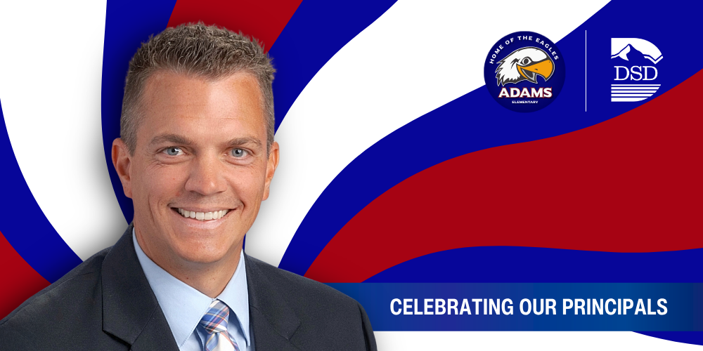 A principal in front of a wavy background with a banner that reads "Celebrating Our Principals"