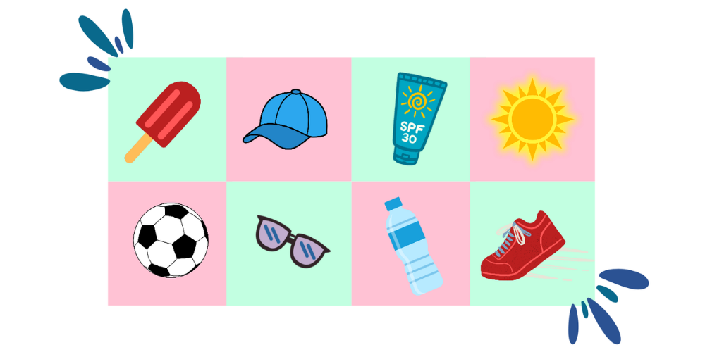 Colorful images of sunglasses, hat, popsicle, sunscreen, sunshine, soccer ball, water and shoe
