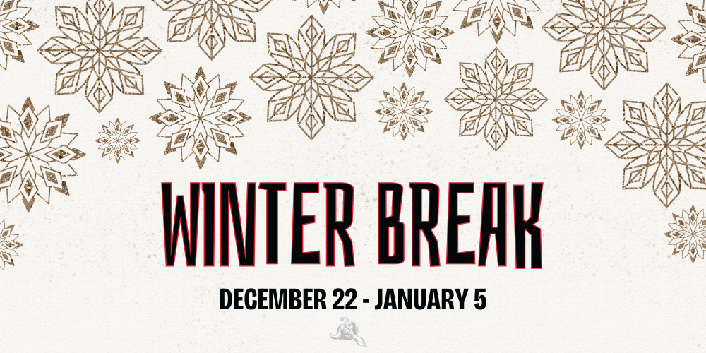 image of kjh knight logo a knight in armor holding a shield and pointing a sword., image of snowflakes of different sizes winter break december 22 - january 5