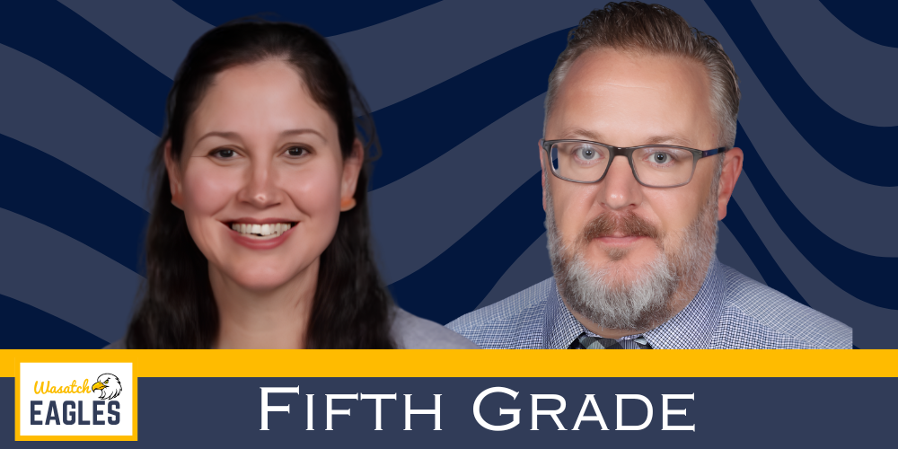 Promotional graphic for the Wasatch Eagles Fifth Grade team featuring two staff portrait photos on a blue wavy background. The Wasatch Eagles logo appears in the bottom left corner, and the text "FIFTH GRADE" is displayed prominently across the bottom in large white letters.