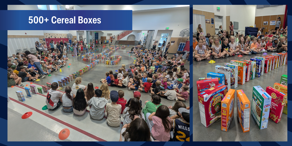 Picture of students sitting at assembly with a line up of cereal boxes ready to tip over. 