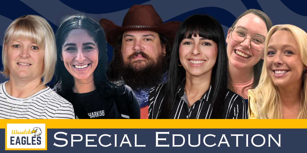 Banner featuring a group photo of six special education staff members arranged side by side against a dark blue background with abstract wave patterns. A school logo appears in the lower left corner. Across the bottom of the image, a blue and gold banner displays the text “SPECIAL EDUCATION” in large white letters. The design uses the school's blue, gold, and white colors to highlight the special education team.