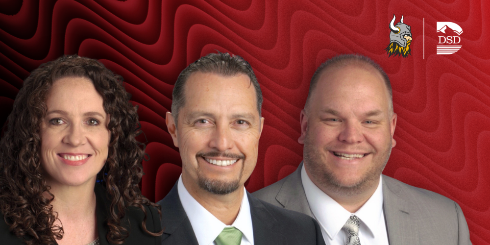 Three assistant principals on a red and black wavy background with the Viewmont High logo and the DSD logo.