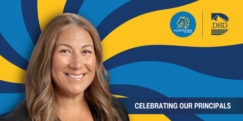 A principal in front of a wavy background with a banner that reads "Celebrating Our Principals"