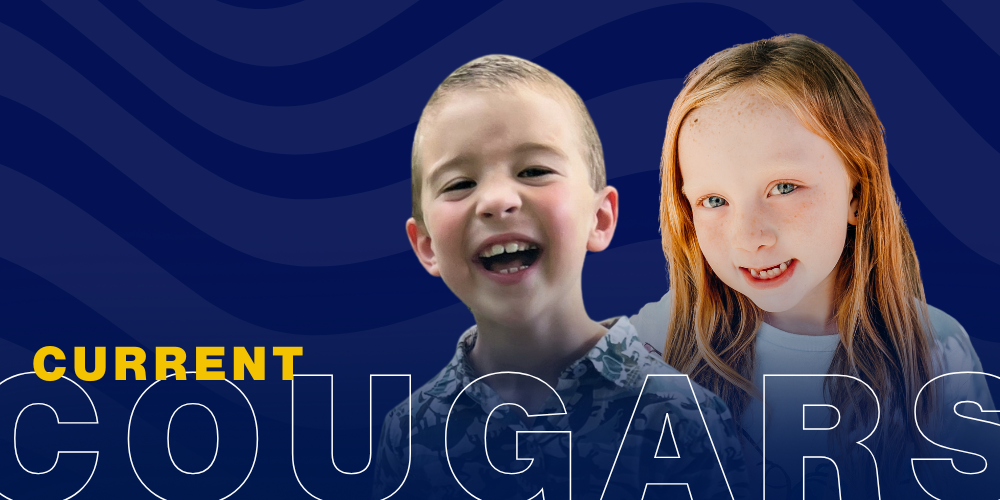 A photo of a student smiling at the camera on a two toned wavy blue background. There is a title along the bottom that reads: "Current Cougars."