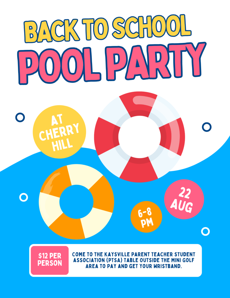 image of round water floaties bacfk to school pool party at cherry hill 6 - 8 pm 22 aug $12 per person come to the kaysville parent teacher student associationa (PTSA) table outside the mini gold area to pay and get your wristband.
