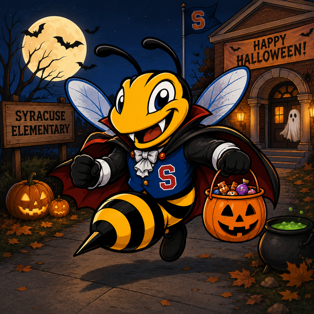 The image contains the Syracuse Elementary stinger in a vampire costume holding a pumpkin with candy. The background shows two jack-o-lanterns and a school decorated with Happy Halloween.