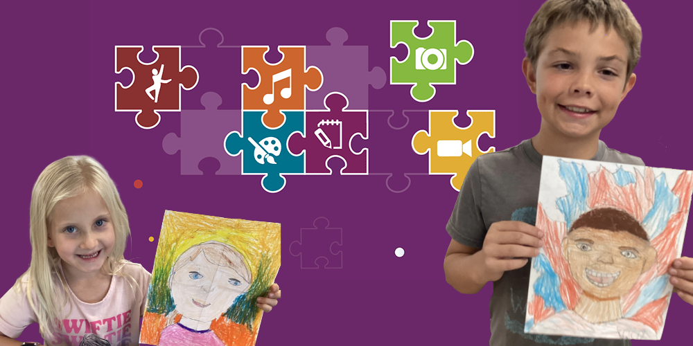 PTA Reflections logo of puzzle pieces with various media forms in each puzzle piece. Photographs of two students and their artwork.