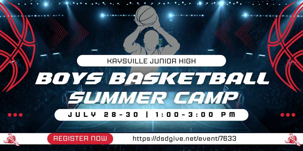 image of two basketball and a silhoette  of a boy shooting a basketball image of two kjh knights logo, a knight holding a shield and pointing a sword. kaysville junior high boys basketball summer camp july 28-30 1:00 -3:00 pm register now https://dsdgive.net/event/7633