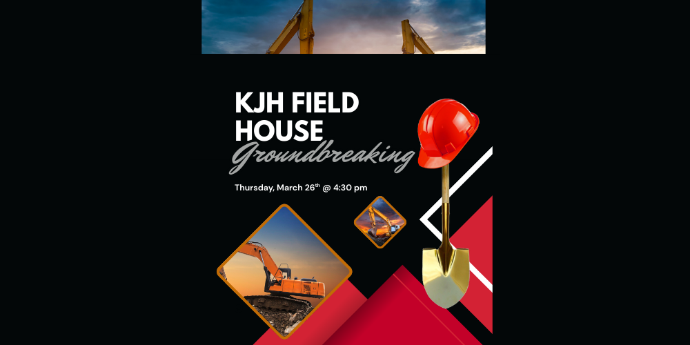 image of tractors with skies behind them, a red hard hat on a golden shovel kjh field house groundbreaking thursday, march 26th @ 4:30 pm