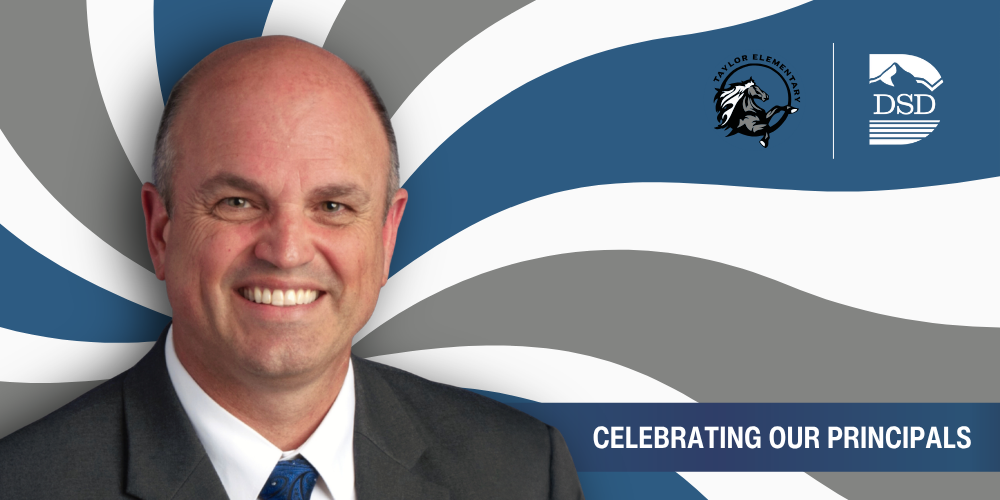 A principal in front of a wavy background with a banner that reads "Celebrating Our Principals"
