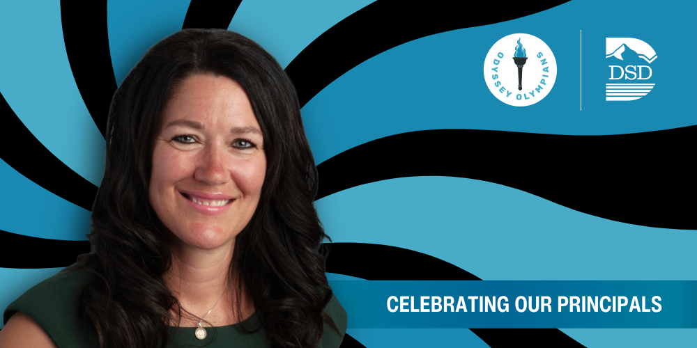 A principal in front of a wavy background with a banner that reads "Celebrating Our Principals"
