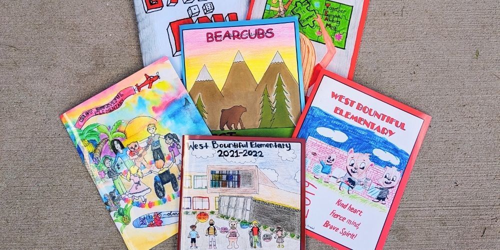 Past yearbooks from West Bountiful Elementary displayed.