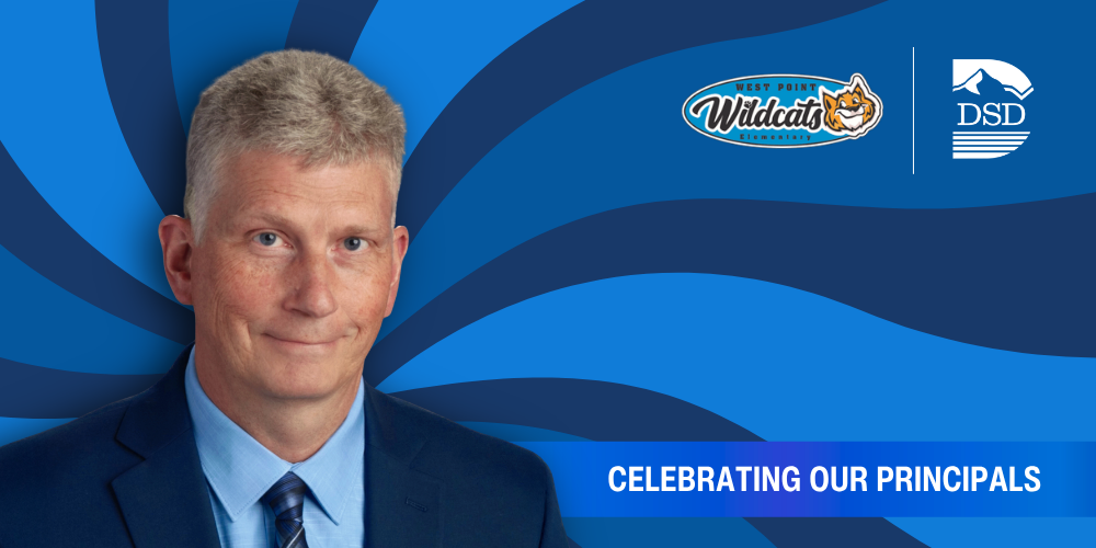 A principal in front of a wavy background with a banner that reads "Celebrating Our Principals"
