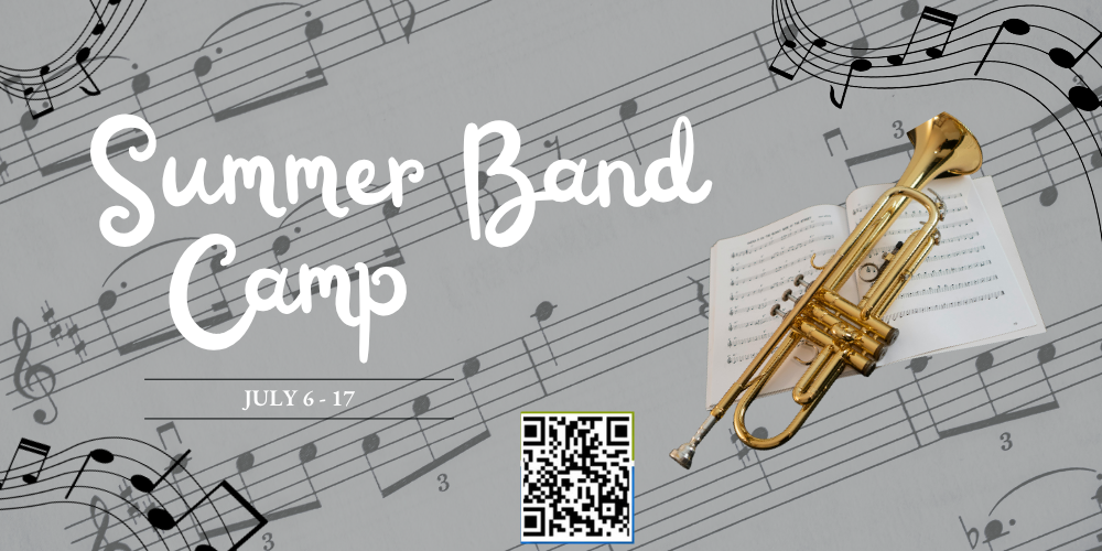 image of a qr code and musical notes in the background with a trumpet and music summer band camp july 6 - 17.