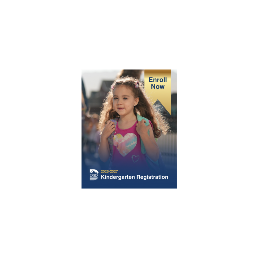 2026-2027 Kindergarten Registration image that says Enroll Now with Kindergarten age female child with heart on shirt and backpack