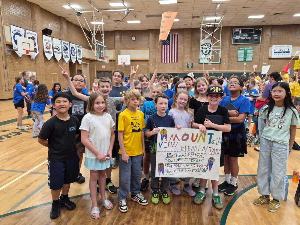 small group of 1st-6th grade students holding up a Mountain View Elemtary sign with grades and names of the book battle teams