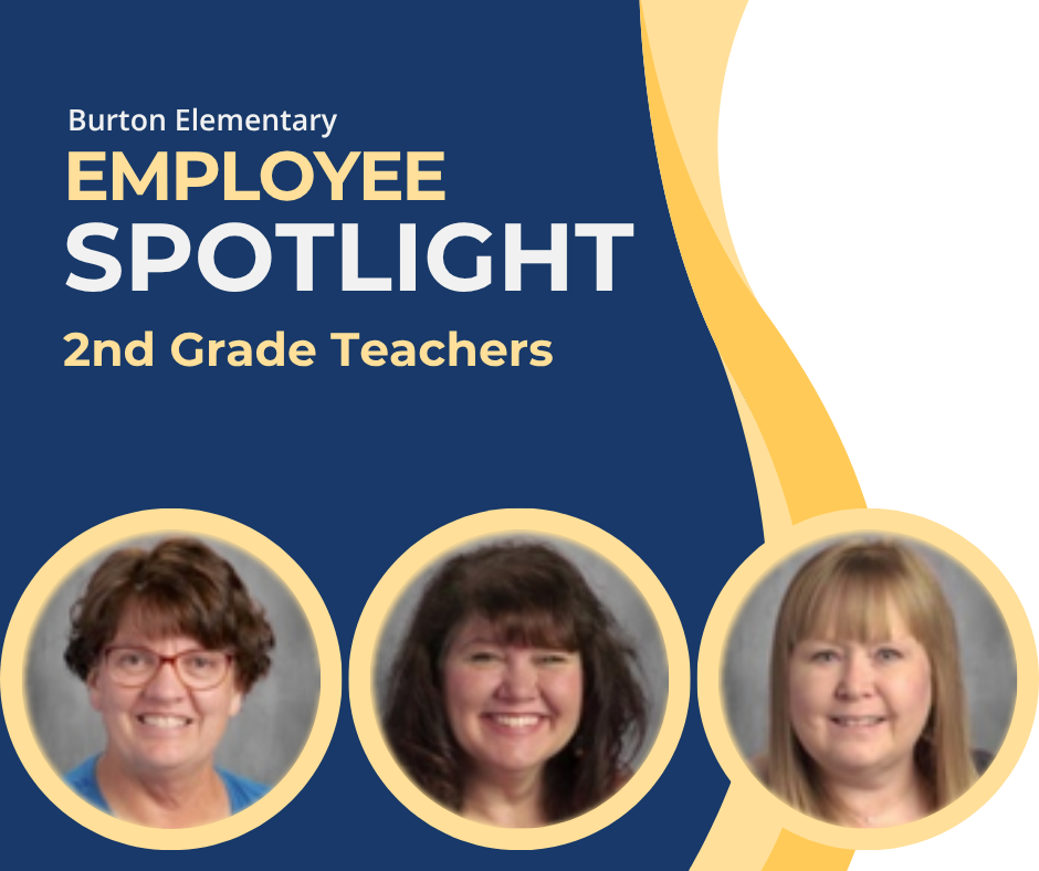 An employee spotlight with the text, "Burton Elementary Employee Spotlight 2nd Grade Teachers" and pictures of Colleen Sullivan, Mindy Smith, and Emily Moore.