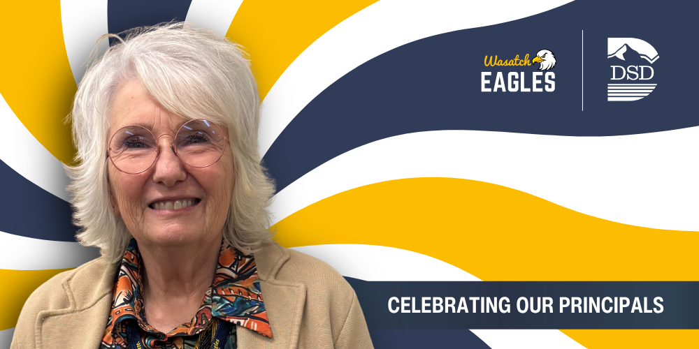 A principal in front of a wavy background with a banner that reads "Celebrating Our Principals"
