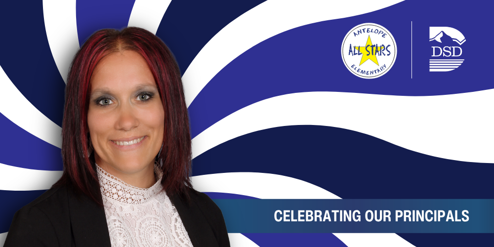 A principal in front of a wavy background with a banner that reads "Celebrating Our Principals"