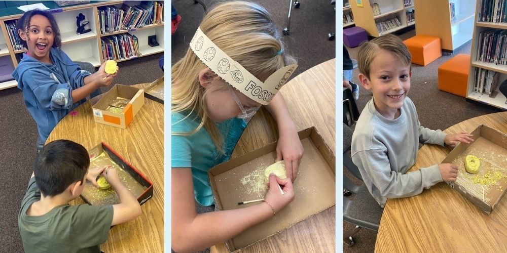 picture one, happy student showing yellow fossil, boy with back to the camera digging in to his fossil; picture 2 girl wearing fossil headband made of paper and digging into fossil, picture three, little boy smiling at the camera with fossil on the table in front of him