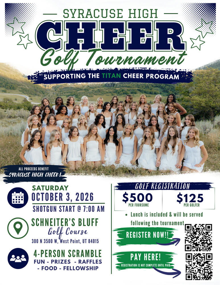 SHS cheer golf tournament fundraiser.  Saturday Oct. 3, 2026.  At Schneiter's bluff.  4 person scramble.  $500 per team.    Team picture of all 40 girls on the team dressed in white. 