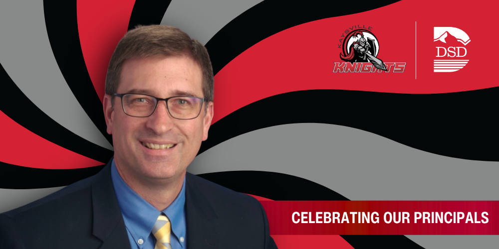 A principal in front of a wavy background with a banner that reads "Celebrating Our Principals"