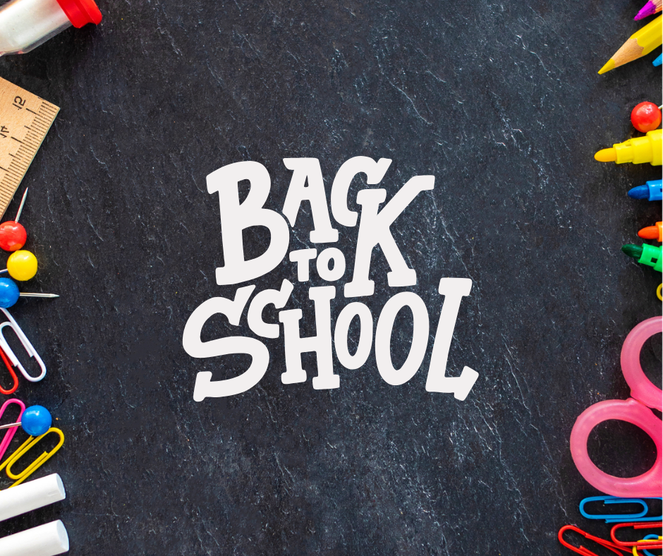 "Back to School" text in bold white lettering on a dark chalkboard background, surrounded by colorful school supplies including pencils, paint, scissors, paperclips, and push pins.