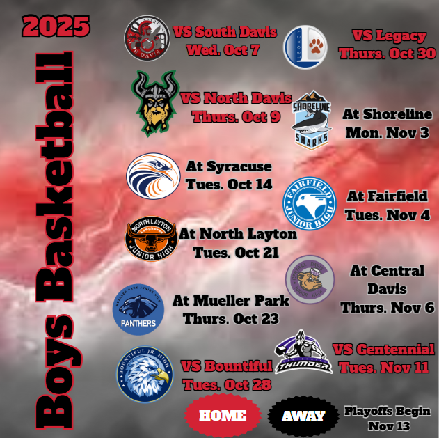 image of mascots of junior highs in davis school district 2025 boys basketball 2025 vs south Davis wed. oct. 7 vs. north davis thurs. oct 9 at syracuse tues. oct 14 at north layton tues. oct 21 at mueller park thurs oct. 23 vs. bountiful tues oct 28 vs. legacy thurs oct 30 at shoreline mon nove 3 at fairfield tues nov 4 at central davis thurs. nov 6 vs. centennial tues, nov 11 playoffs begin nov 13