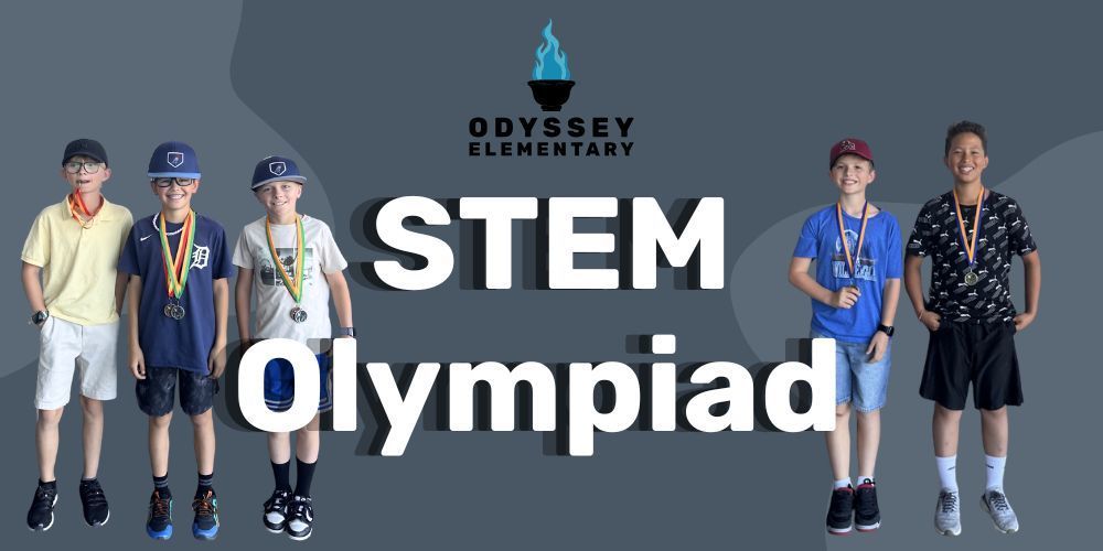 A banner for Odyssey Elementary featuring the text “STEM Olympiad” in large bold letters. The school logo with a blue flame appears at the top. On both sides of the text, groups of elementary students stand smiling and wearing medals around their necks, dressed in casual clothing like T shirts, shorts, and baseball caps. The background is a muted blue gray with abstract shapes.