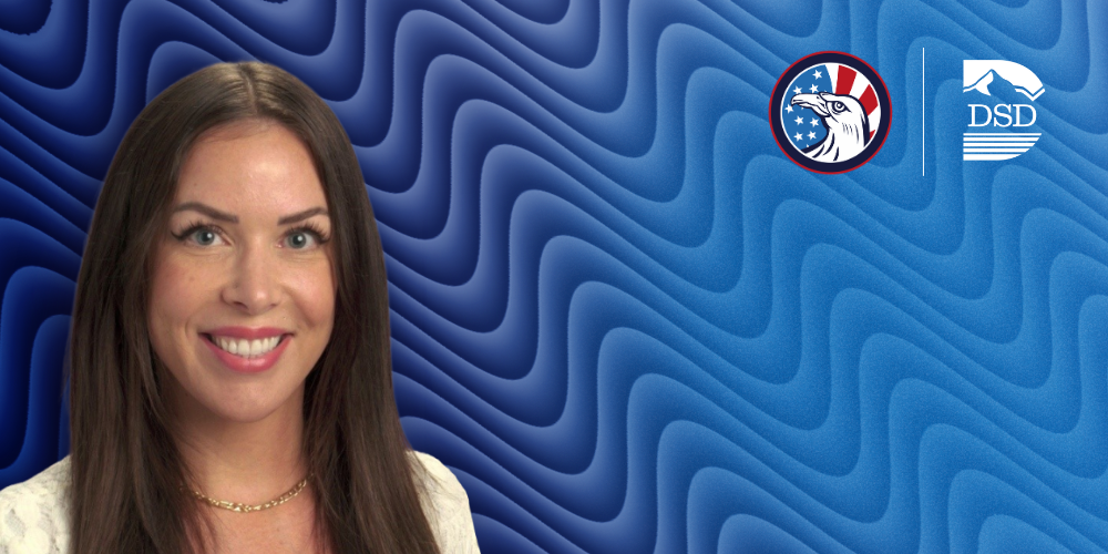 Assistant principal with a blue wavy background and the Hill Field Elementary and DSD logos.