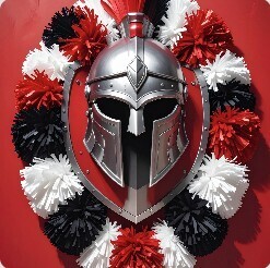 a spartan shield and crossed spears hanging on a red wall with a pyramid of cheer poms below it that are a mixture of red, white and black