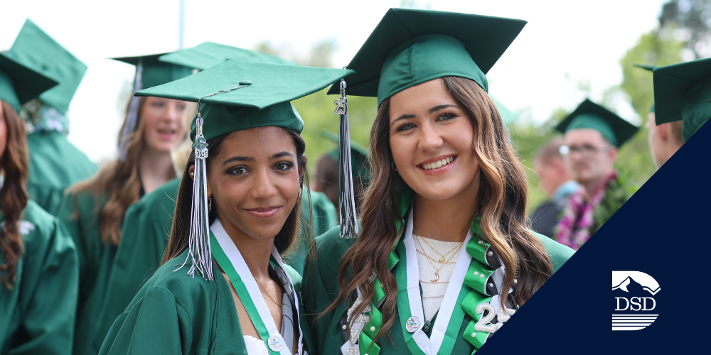 Students in green caps and gowns. Davis School District Graduation Schedule.