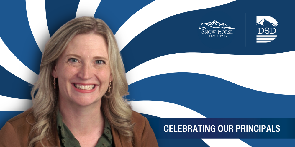 A principal in front of a wavy background with a banner that reads "Celebrating Our Principals"