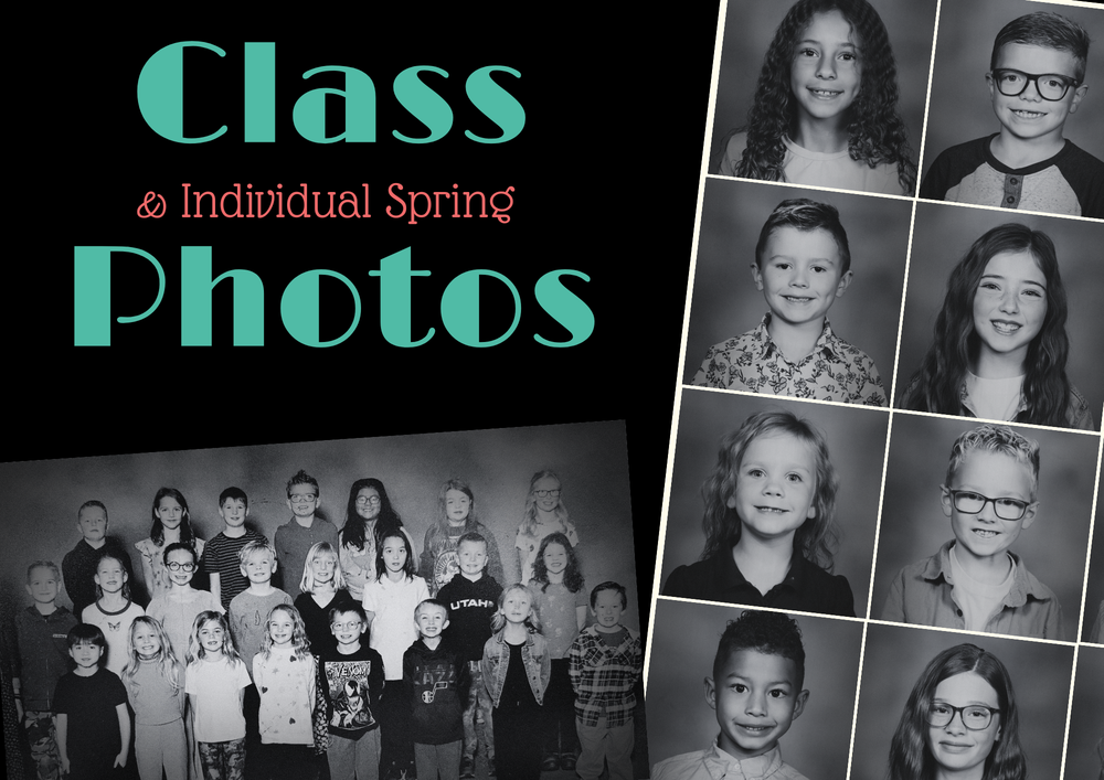 Black and white images of students with text that reads "Class and Individual Spring Photos"