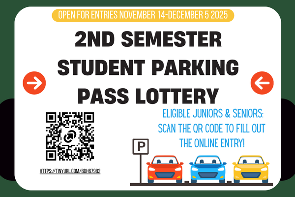 2nd semester Student Parkng Pass Lottery open until December 5.  Click the link to enter the lottery.