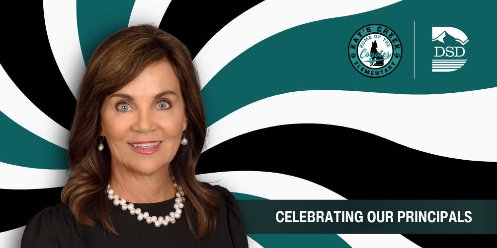 A principal in front of a wavy background with a banner that reads "Celebrating Our Principals"