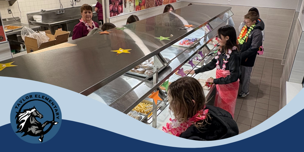 Logo for Taylor Elementary School. Image of students serving themselves lunch in the lunch line.