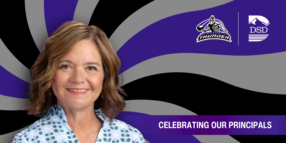 A principal in front of a wavy background with a banner that reads "Celebrating Our Principals"