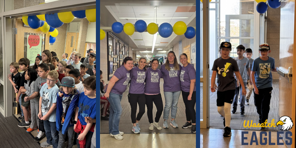 Three‑panel collage from Wasatch Elementary’s Annual Fun Run. The left image shows a large group of elementary students standing in a school hallway decorated with blue and yellow balloons. The center image shows several adult staff members standing together in a hallway under balloon decorations. The right image shows a group of students walking through a hallway toward the camera, with a “Wasatch Eagles” logo in the corner.