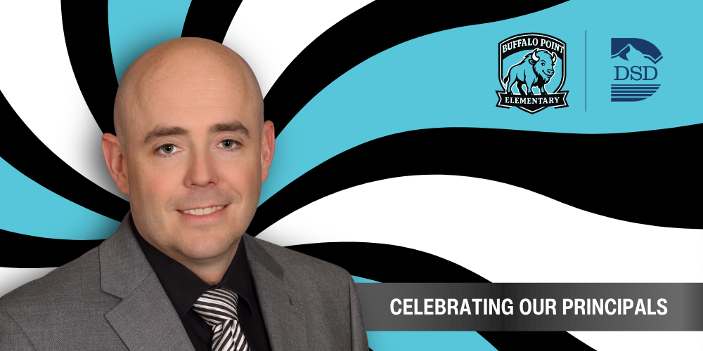 A principal in front of a wavy background with a banner that reads "Celebrating Our Principals"