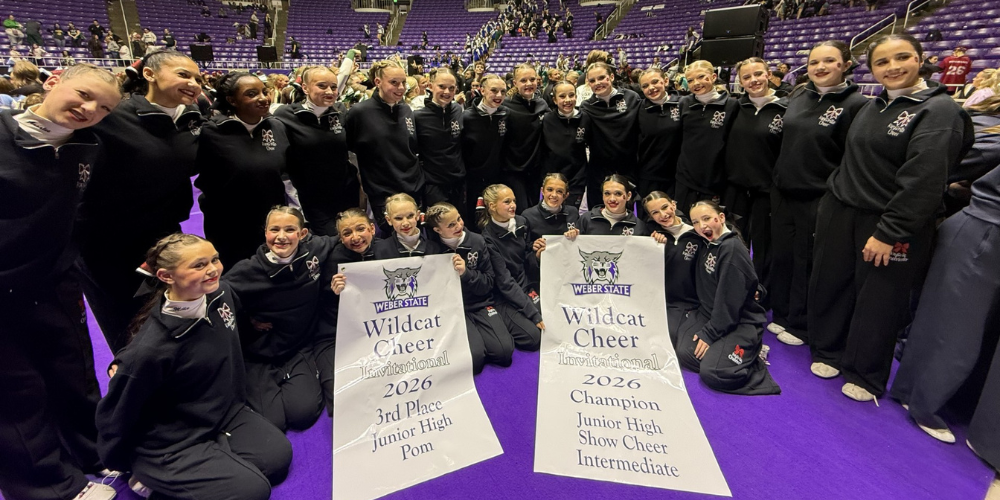 image of cheerleaders posing holding two banners wildcat cheer invitational 2026 3rd place junior high pom wildcat cheer invitational 2026 champion junior high show cheer intermediate 