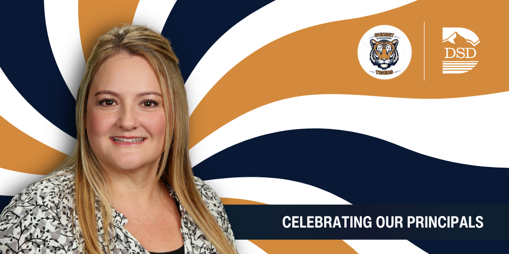 A principal in front of a wavy background with a banner that reads "Celebrating Our Principals"