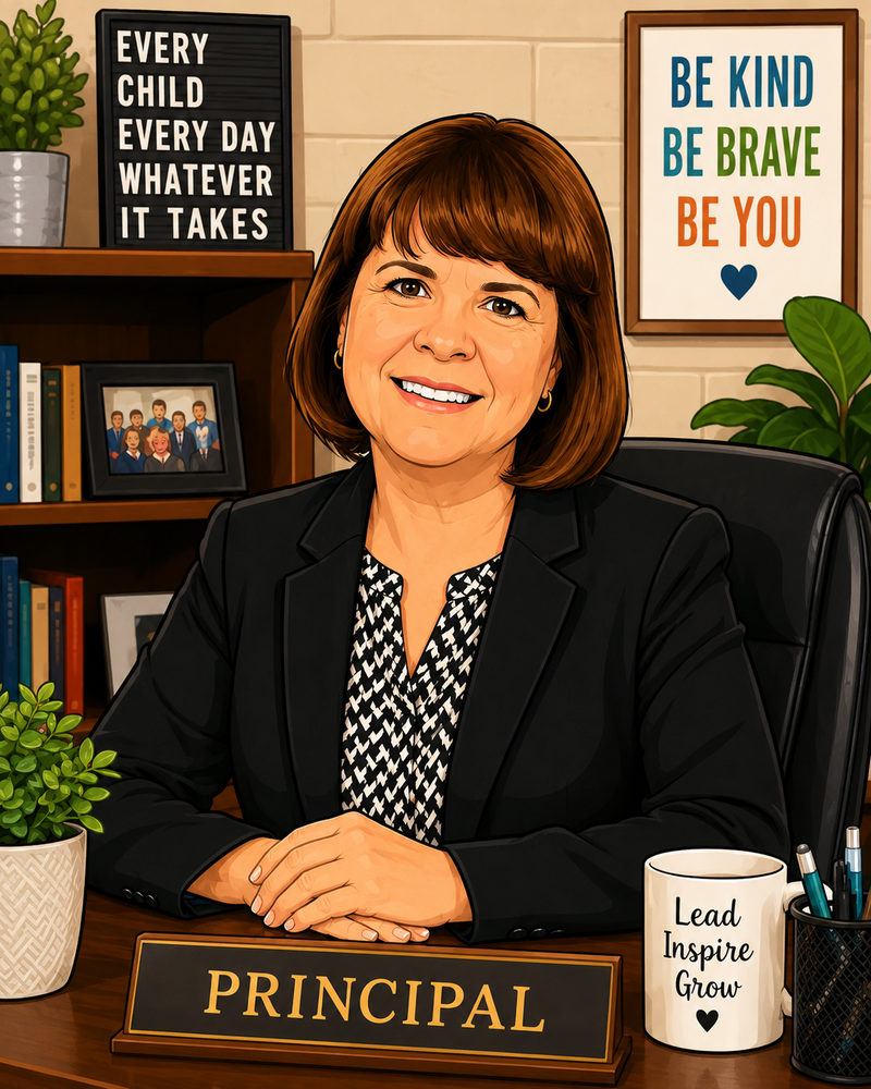 Principal Carmony sitting at a desk