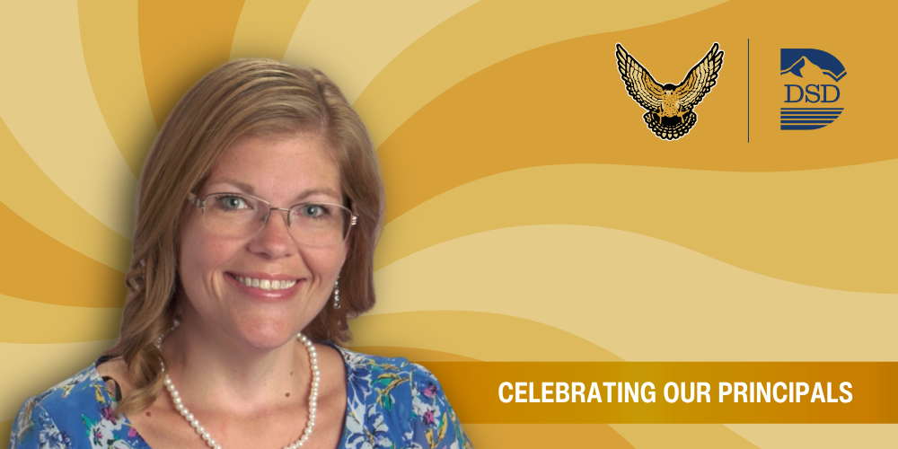 A principal in front of a wavy background with a banner that reads "Celebrating Our Principals"