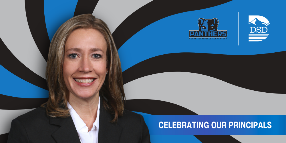 A principal in front of a wavy background with a banner that reads "Celebrating Our Principals"