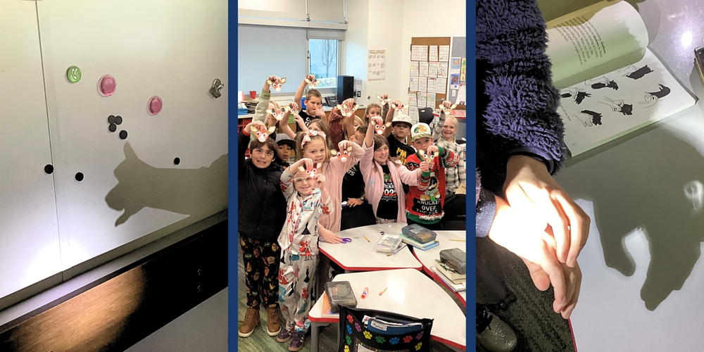 Three pictures. 1st picture on the left is a shadow hand puppet of a dog. The middle picture is a third grade class posing for a picture with their light circuits. The last picture is a shadow puppet with students hands.